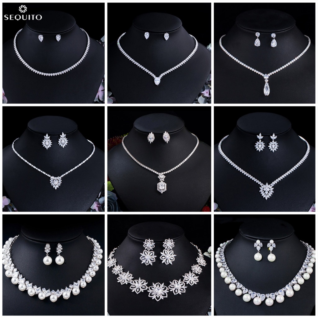 SEQUITO แฟชั่น CZ Zirconia คริสตัลสร้อยคอไข่มุกต่างหูผู้หญิงงานแต่งงานเครื่องประดับชุบเงินชุด JS160