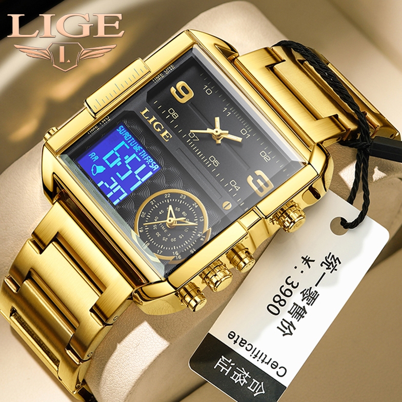LIGE Luxury Original นาฬิกาผู้ชายกีฬานาฬิกาข้อมือควอตซ์ทองเหล็กเต็มรูปแบบกันน้ำ Dual Display นาฬิกากล่อง