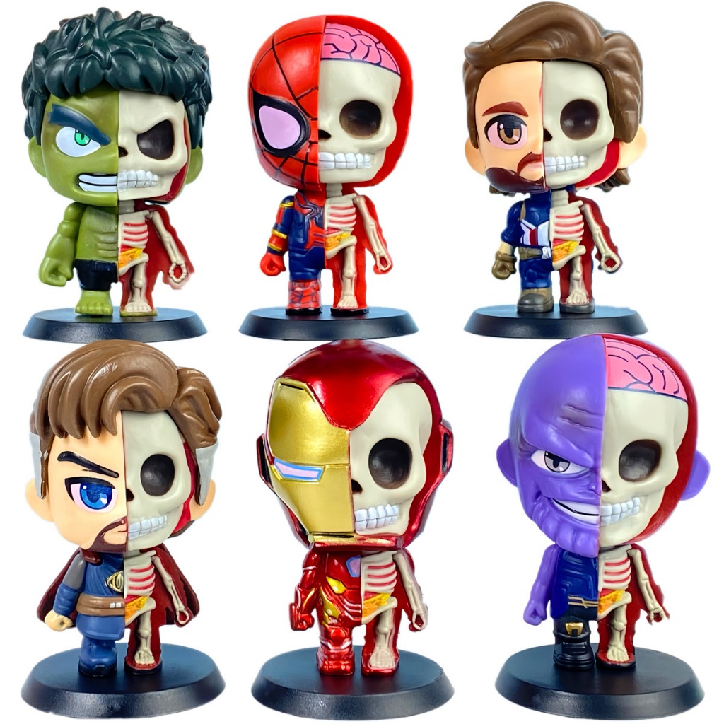 โมเดลฟิกเกอร์ PVC รูป Marvel The Avengers Iron Man Hulk Spider-Man Thanos Captain America Doctor Strange Human Skeleton Q Version ของเล่นสําหรับเด็ก 6 ชิ้น ต่อชุด