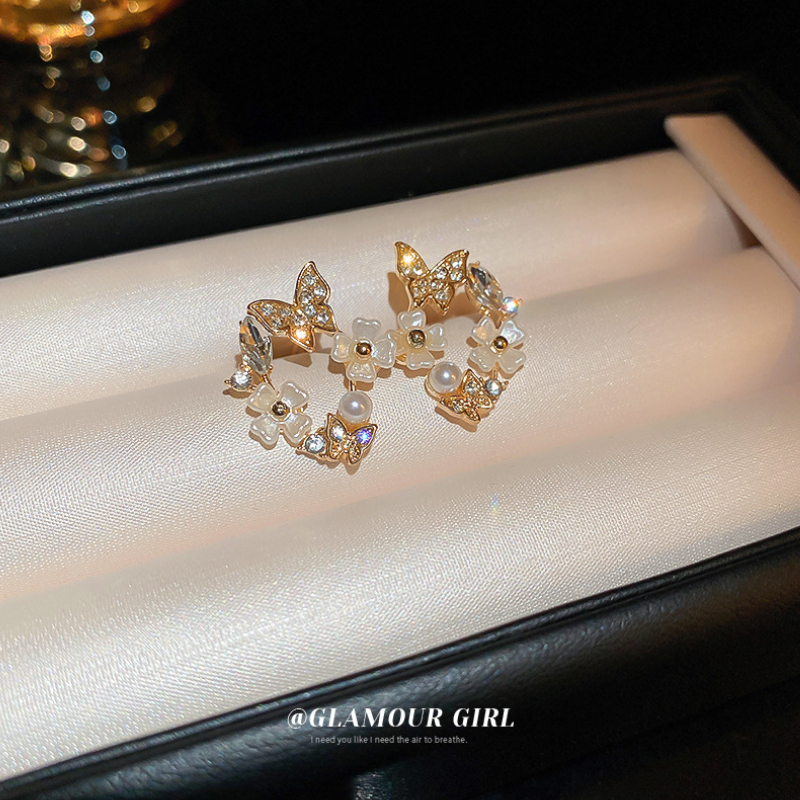 ต่างหูแฟชั่น รูปผีเสื้อ ดอกไม้ ประดับมุก