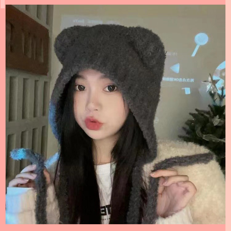 หมวกถัก หมวกไหมพรมผู้หญิงหมวกแต่งหูหมีน้อยน่ารัก ให้ความอบอุ่น แฟชั่นฤดูใบไม้ร่วง และฤดูหนาว สําหรับนักเรียน