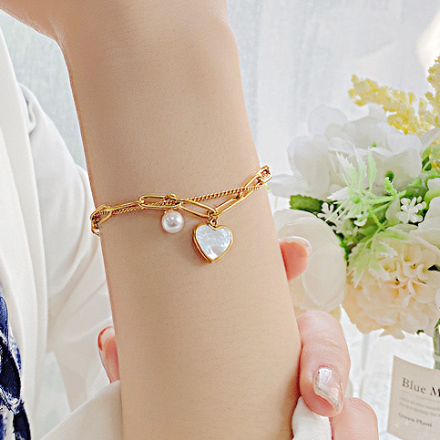 สร้อยข้อมือ สเตนเลส สองชั้น เปลือกหอยธรรมชาติ หัวใจ สีขาว
