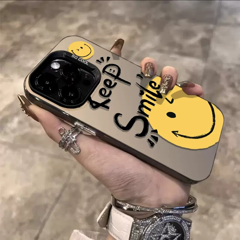 เคสโทรศัพท์มือถือ ลายหน้ายิ้มน่ารัก สีเงิน สําหรับ iPhone 15promax 15plus 14 Pro Max 14plus 14pro 13 Pro Max i13 13pro iPhone 12Pro 12 Pro Max
