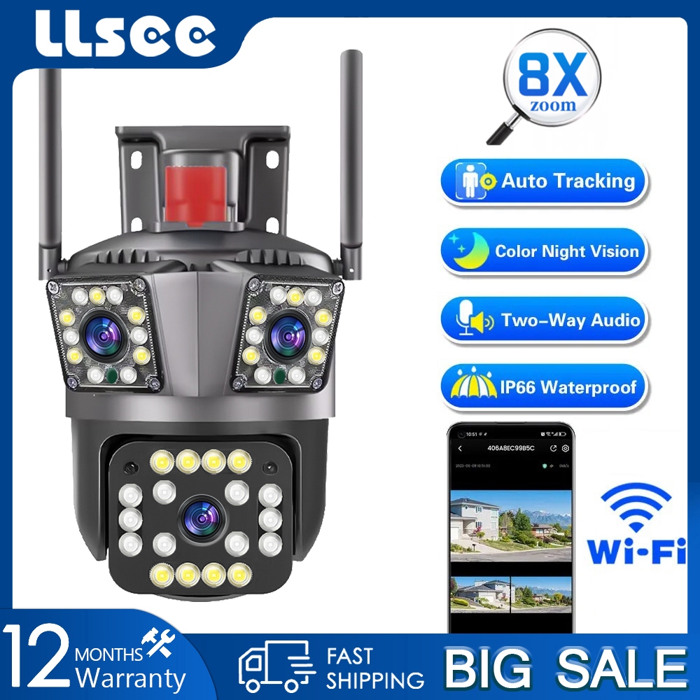 LLSEE 12MP 6K 3 เลนส์ 3 หน้าจอกล้องวงจรปิดไร้สายกลางแจ้ง 360 องศา PTZ กล้องวงจรปิด WIFI สองทางอินเตอ