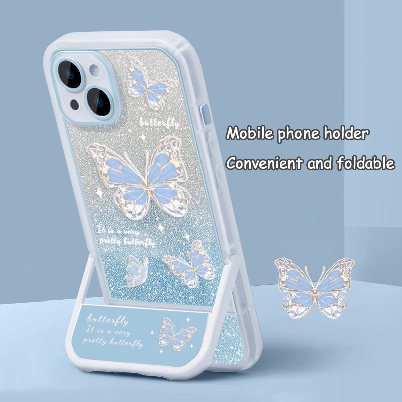 เคสโทรศัพท์มือถือ ลายผีเสื้อ แต่งกลิตเตอร์ พร้อมที่ตั้งวาง สําหรับ Samsung Galaxy A04 A04E A12 A13 A04S A20 A30 A20S A02S A21S A02 M02 A03 A03S A02S A03CORE