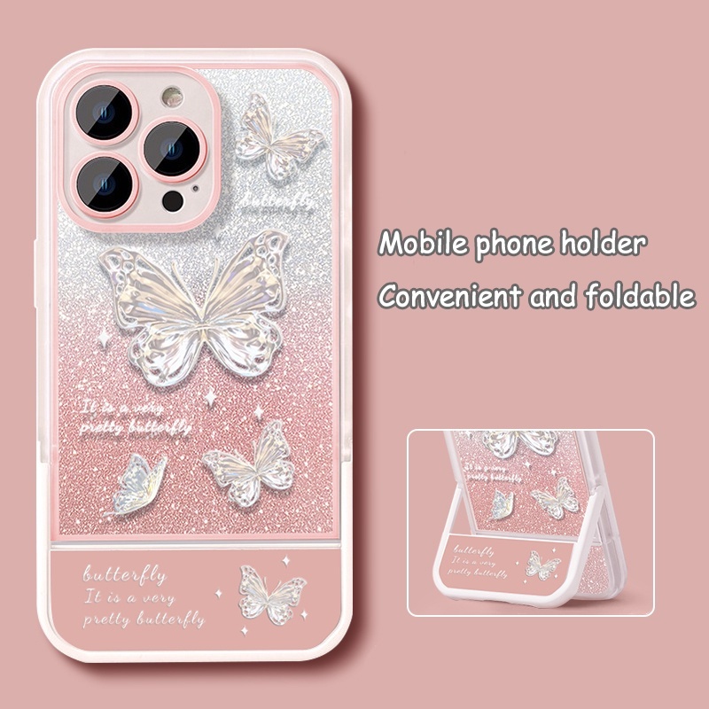 เคสโทรศัพท์มือถือ ลายผีเสื้อ แต่งกลิตเตอร์ พร้อมที่ตั้งวาง สําหรับ oppo A57 A77 A77S A56S A58 A78 A7