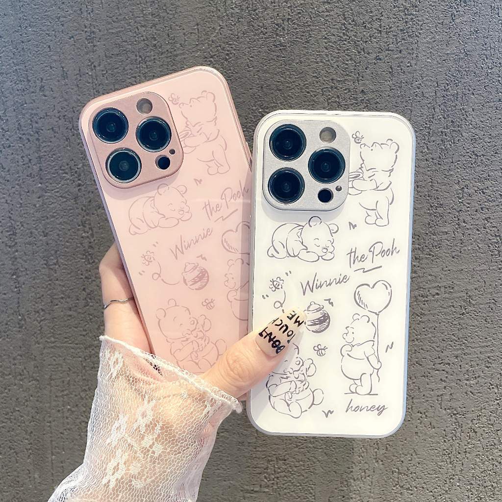 SAMSUNG น่ารักการ์ตูน simple Pooh BearกระจกนิรภัยSamsung Galaxy s24fe NOTE8 NOTE9 NOTE10 plus NOTE20 ultra S9 S8 s24 s10 s20 fe s21 plus s22 s23 ultra 5Gปลอก