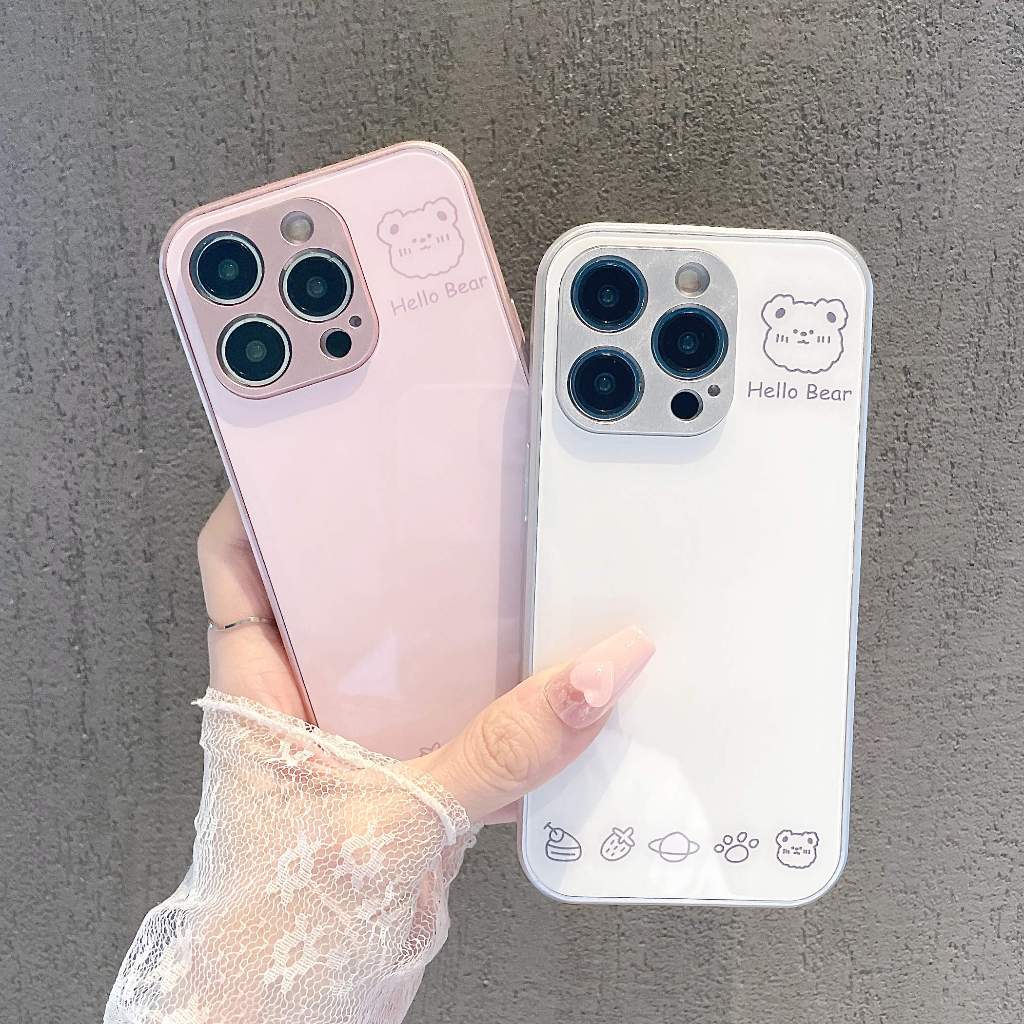 เคสกระจกนิรภัย ลายหัวหมีน่ารัก เรียบง่าย สําหรับ เคส Samsung Galaxy s8 s9 plus A22 A31 A12 A21S A10S 5G note8 note9 note 10 plus note20 ultra case