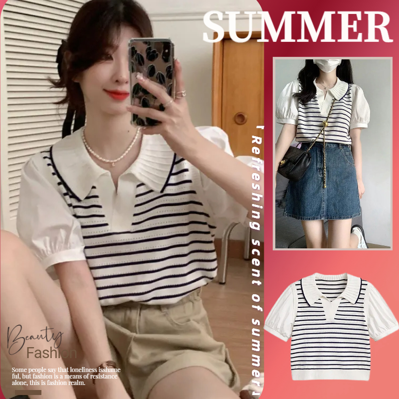 NZN เสื้อโปโลถักแขนสั้นลายสก๊อตสตรีแฟชั่นเกาหลี