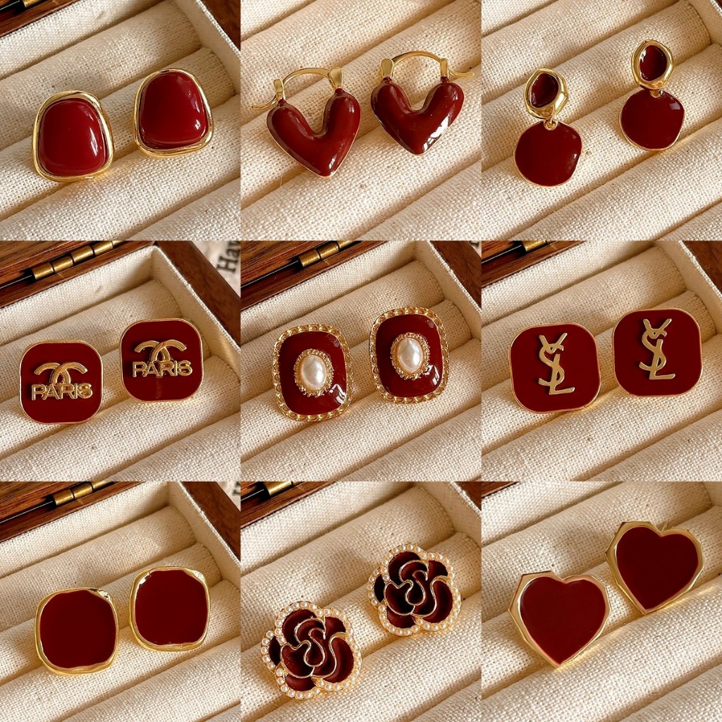 ต่างหูเงิน S925 รูปตัวอักษร สีแดง คุณภาพสูง สําหรับผู้หญิง