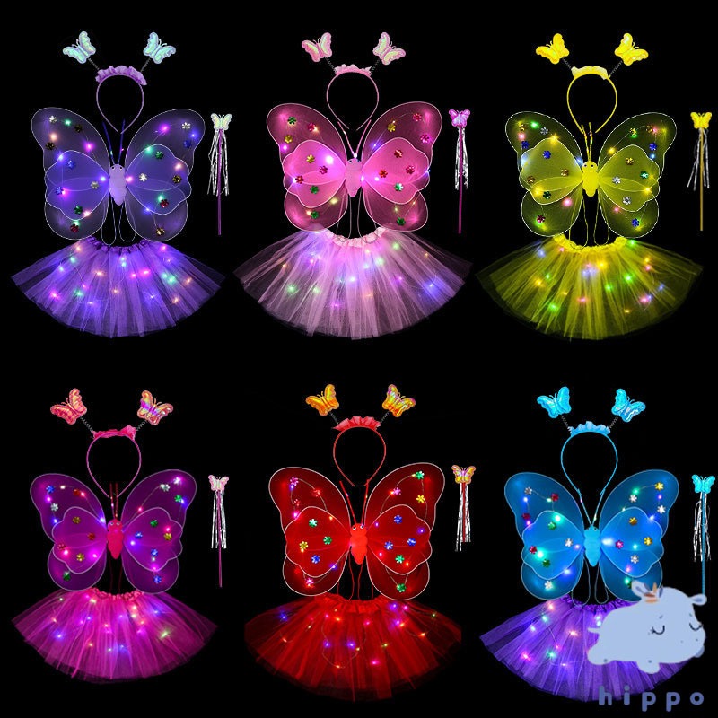 3 ชิ้น LED เซ็ทของเล่น ปีกผีเสื้อเรืองแสง 4สี พร้อม คฑา ที่คาดผม butterfly wings【Hippobaby20】