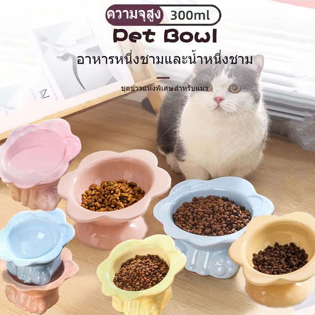 ชามอาหารแมวเซรามิก ทรงสูง ความจุขนาดใหญ่ 300 มล รูปร่างกลีบดอก น่ารัก หลากสี เอียง 15° ฐานมั่นคงกันลื่น