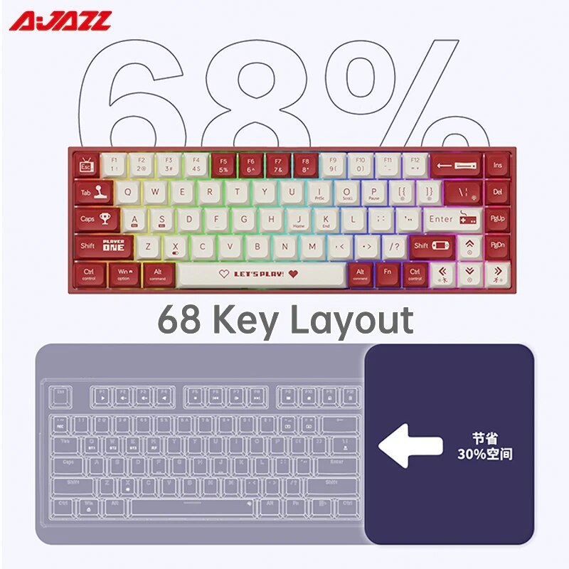 Ajazz Ak680 คีย์บอร์ดเล่นเกมไร้สาย 2.4G 68 คีย์ มีไฟแบ็คไลท์ ชาร์จ USB สีแดง สําหรับ PC แล็ปท็อป