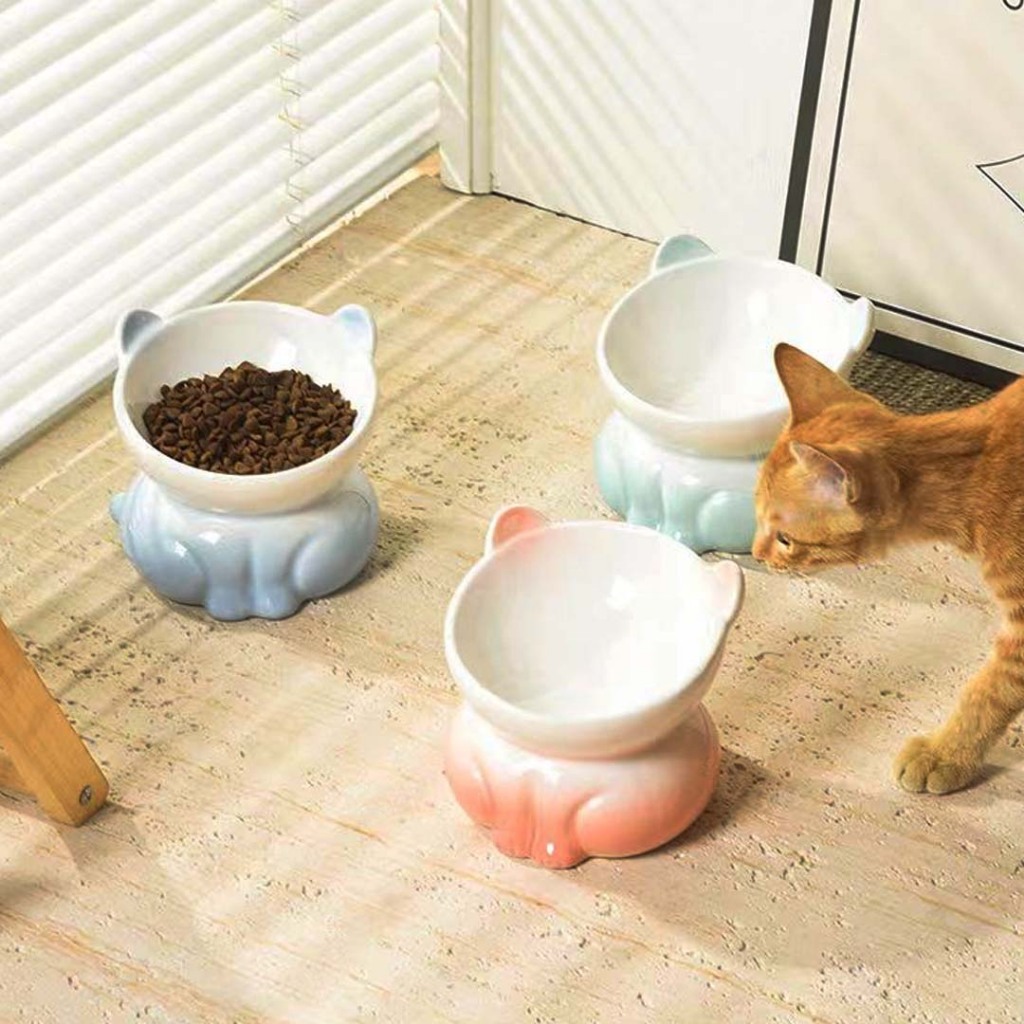 ⭐ชามอาหารแมวเซรามิก⭐ชามดื่มแมว รูปทรงแมว น่ารัก ไล่สี เอียง 15° ปกป้องกระดูกสันหลังส่วนคอของแมว ทำให้ทานอาหารได้สบาย