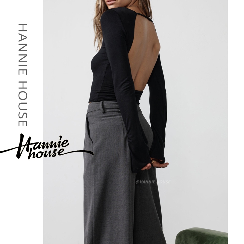 Hannie- เสื้อคอกลม แขนยาว เปิดหลัง สีพื้น สําหรับผู้หญิง