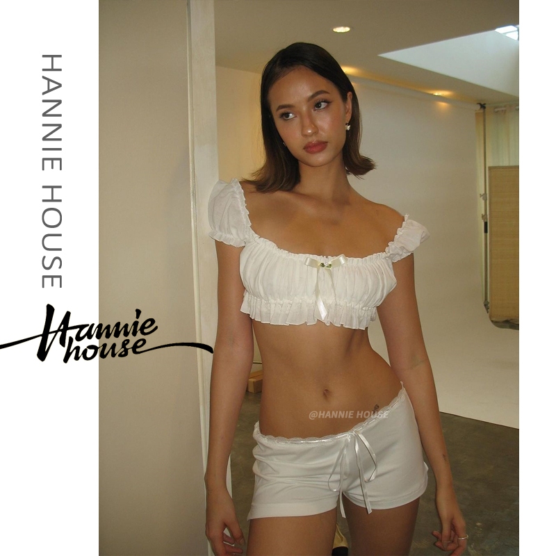 Hannie- ชุดเสื้อครอป และกางเกงขาสั้น ประดับโบว์ ลูกไม้ สําหรับผู้หญิง
