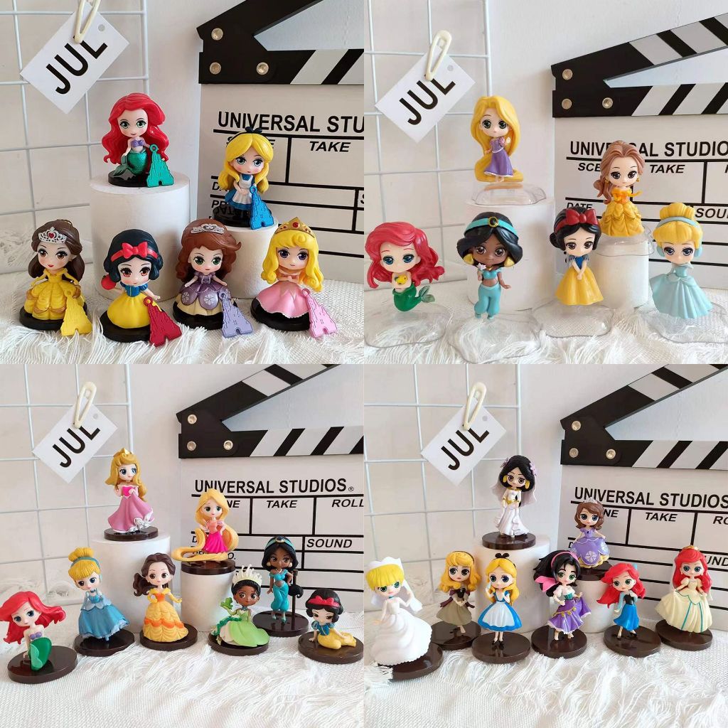 4 ชิ้น/6 ชิ้น/8 ชิ้น/เซ็ตเจ้าหญิงหิมะสีขาว Ariel Jasmine Rapunzel Belle Mulan Cinderella รุ่น Q PVC ตัวเลขการกระทําตุ๊กตาของเล่น