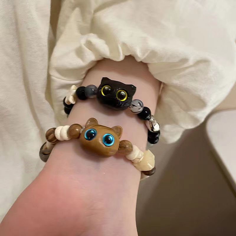 สร้อยข้อมือเชือกถัก ประดับลูกปัดไม้ รูปหัวแมวน่ารัก สําหรับคู่รัก