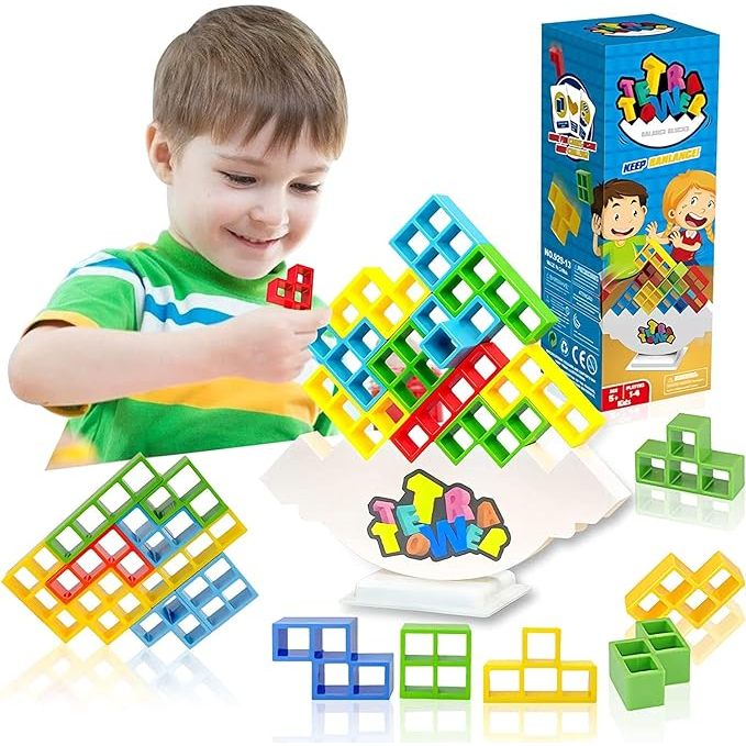 เกมกระดาน Tetra Tower Balance Stacking Blocks สําหรับเด็ก 2+ Players Stack Attack 3D Tetratower Game for Friends Classroom Family Game Night and Party