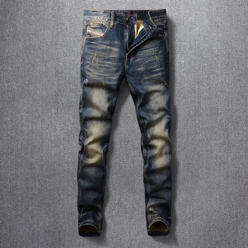 กางเกงยีนส์ Vintage Man คุณภาพสูง Vintage Blue Slim Edition สไตล์เย็บปักถักร้อย Technics Trend Man กางเกงยีนส์