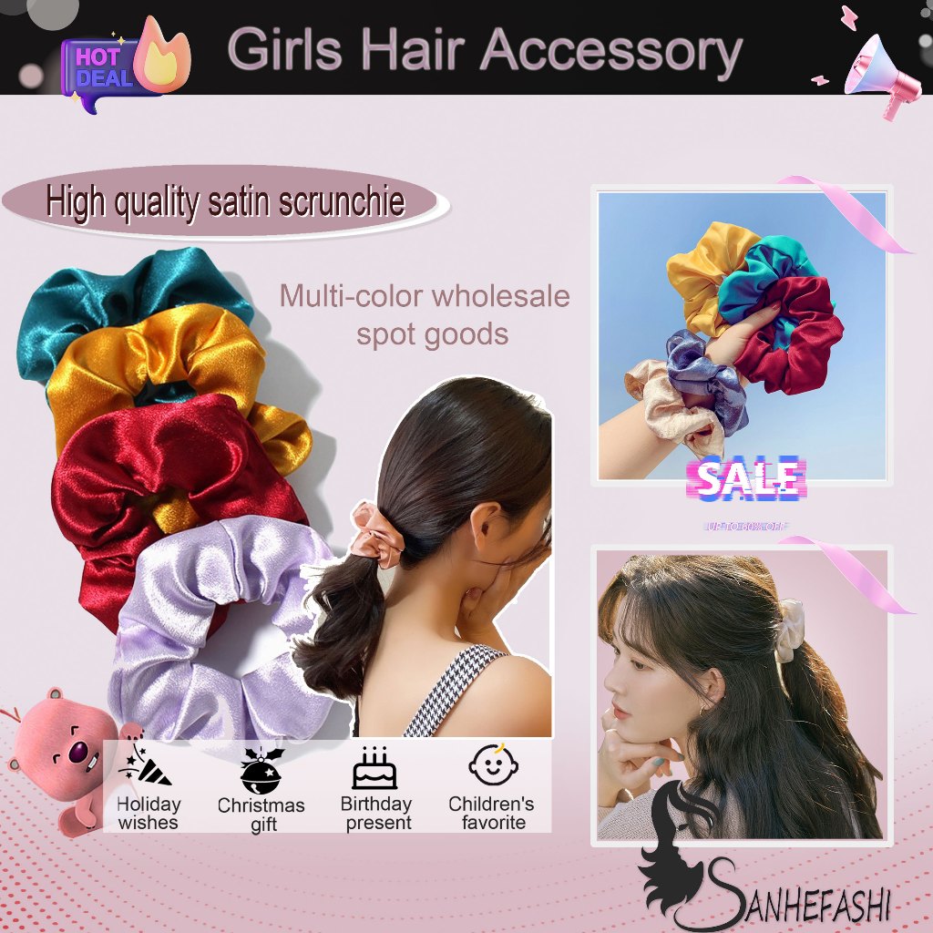 Scrunchies ขายส่ง / ยางรัดผม ผ้าไหมซาติน ยืดหยุ่น ยางรัดผม / ยางรัดผม สีพื้น เชือกมัดผมหางม้า ที่รัดผม