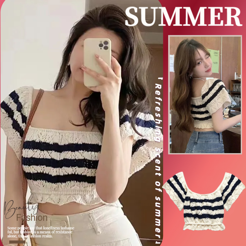 NZN เสื้อท็อปแขนสั้นลําลอง ผ้าถัก ลายทาง เข้ากับทุกการแต่งกาย สไตล์เกาหลี แฟชั่นฤดูร้อน สําหรับผู้หญิง