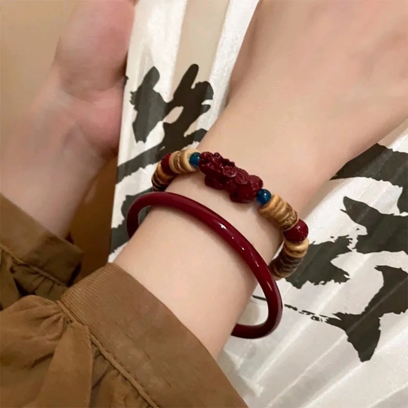 ใหม่ สร้อยข้อมือ ประดับลูกปัดกะลามะพร้าว สไตล์จีนย้อนยุค สีแดง สําหรับผู้หญิง