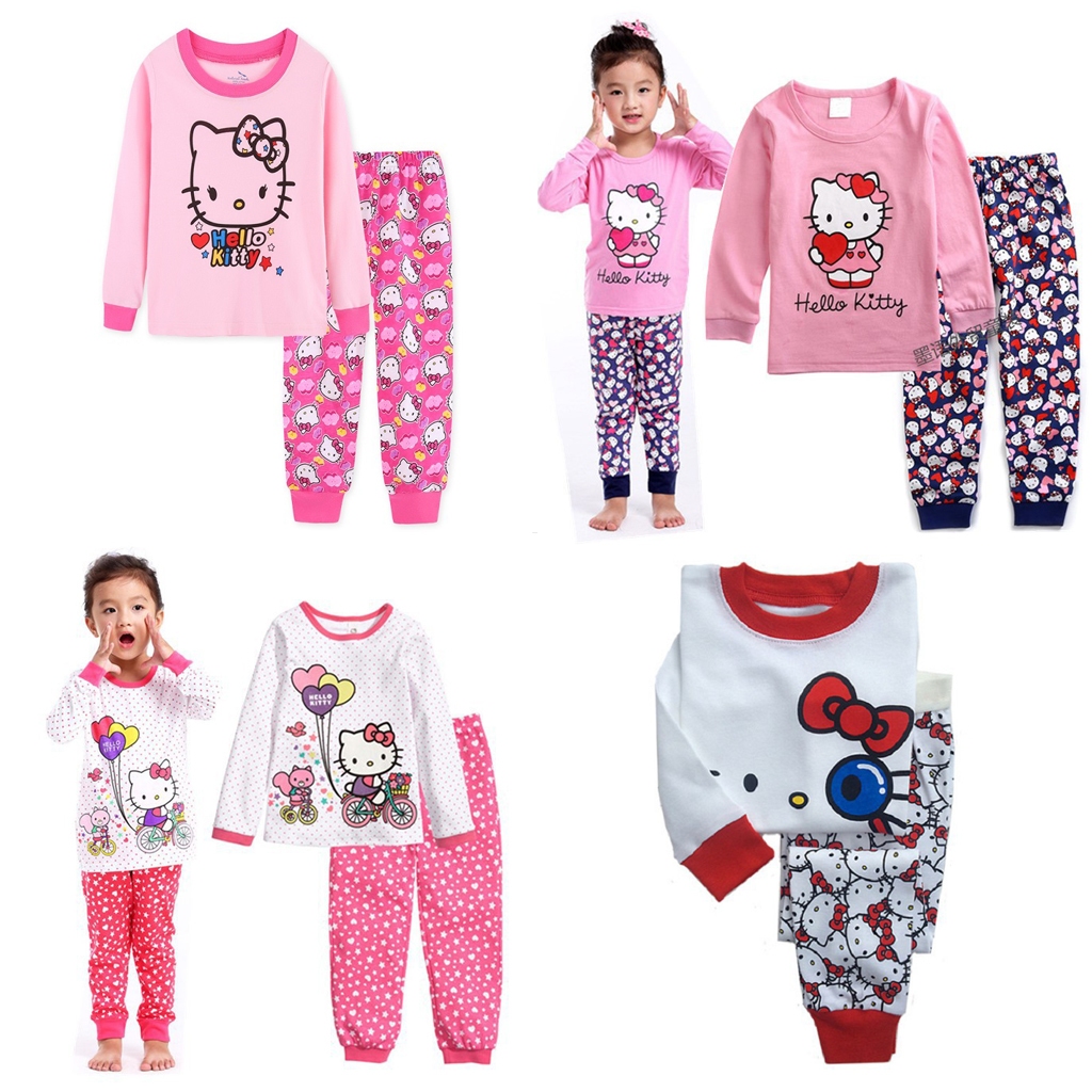 ชุดนอน เสื้อแขนยาว ลาย Hello Kitty + กางเกงขายาว ลําลอง สําหรับเด็กผู้หญิง 2 ชิ้น