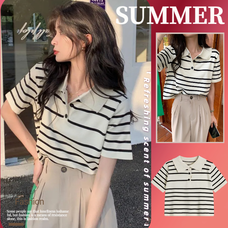 NZN เกาหลีสบายๆสุภาพสตรีปกแขนสั้นลายด้านบน
