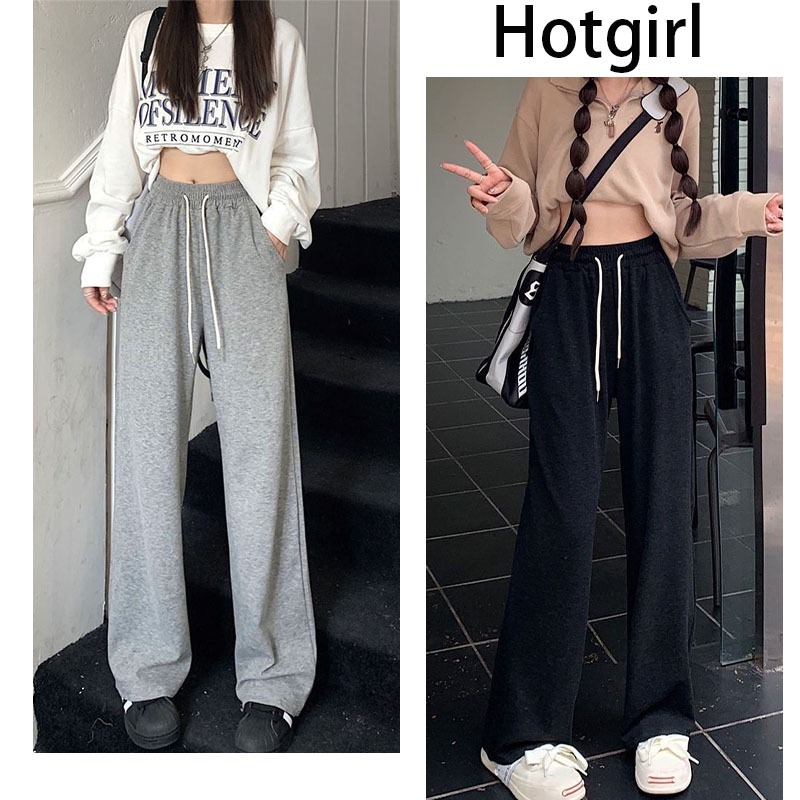 Hotgirl  พร้อมส่งจากกทม ✨สีดำกางเกงขายาว🌸กางเกงขาตรงทรงหลวมสไตล์เกาหลีสำหรับผู้หญิง ลำลองและอเนกประสงค์