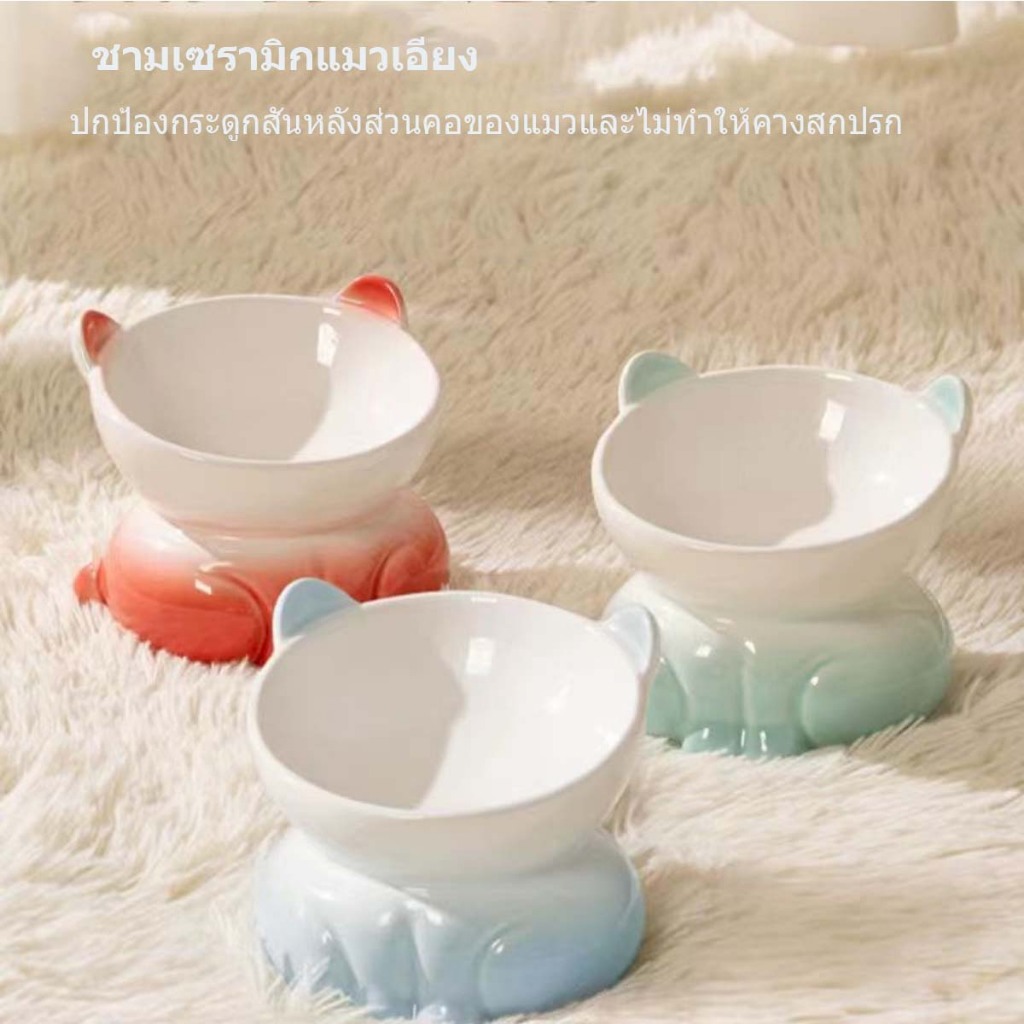 ชามอาหารแมวเซรามิก ชามดื่มแมว รูปทรงแมว น่ารัก ไล่สี เอียง 15° ปกป้องกระดูกสันหลังส่วนคอของแมว ทำให้ทานอาหารได้สบาย