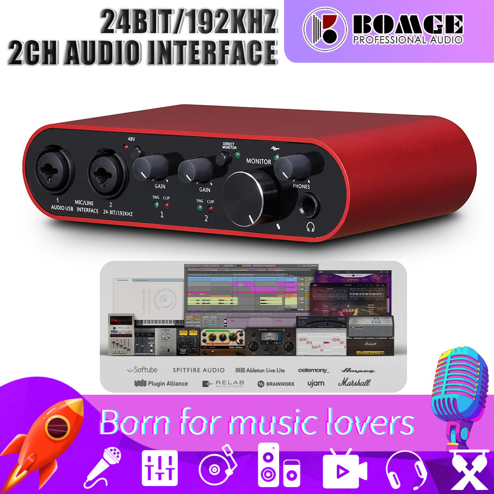 Bomge อินเตอร์เฟซเสียง USB 22S SOLO สีแดง พร้อม XLR 48V Phantom Power 24Bit 192kHz ความเที่ยงตรงสูง สําหรับเครื่องมิกเซอร์เสียงสตูดิโอ อินเตอร์เฟซ สําหรับกีตาร์ นักจราจร พอดแคสเตอร์ ผู้ผลิต ปลั๊ก