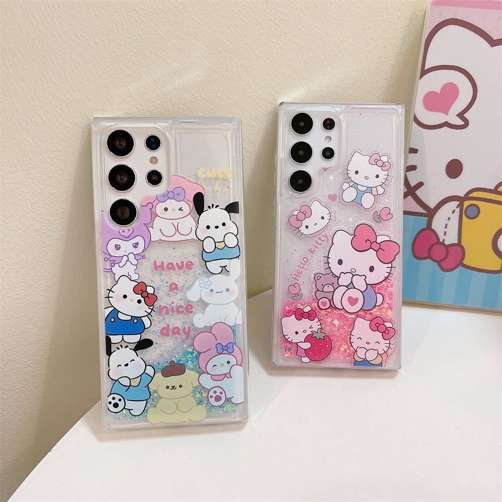 เคสโทรศัพท์มือถือแบบนิ่ม TPU ใส มีทรายไหล แต่งกลิตเตอร์ในที่มืด ลายการ์ตูนคิตตี้ ระยิบระยับ สําหรับ Samsung S23 Ultrs S21 FE Note 20 A23 A34 A54 A52