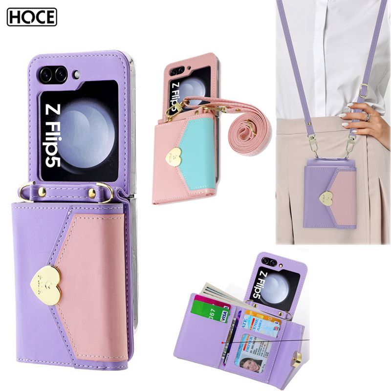 Hoce ZFlip6 Love splicing ช่องใส่การ์ดสายยาวเคสโทรศัพท์มัลติฟังก์ชั่นสําหรับ Samsung Galaxy ZFlip4 zflip3 zflip5 flip6 5G ปกหลัง