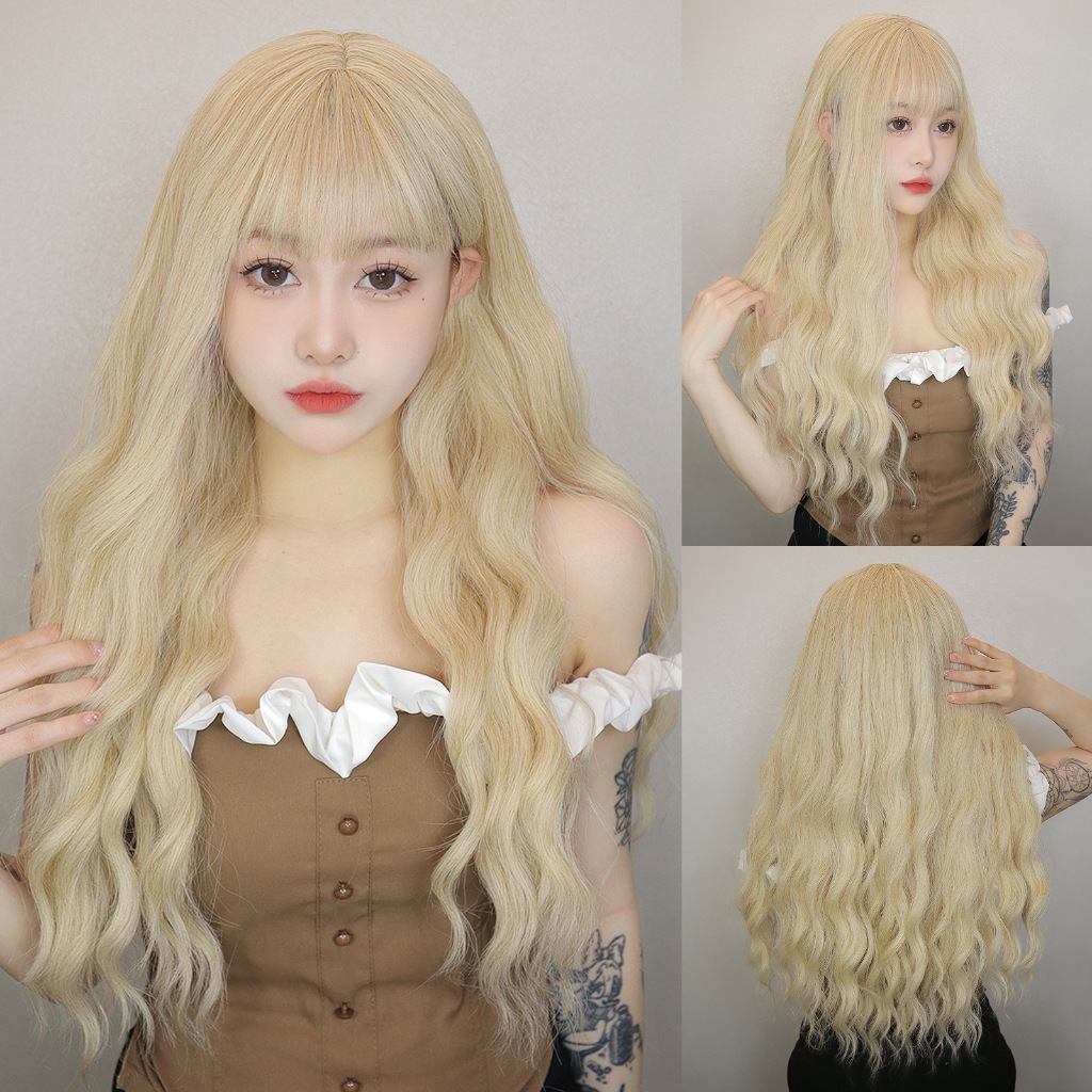 วิกผมหยิกยาว 65 ซม. พร้อมหน้าม้า ลอนเล็ก ลอนคลื่น สีบลอนด์ เคลือบด้าน สังเคราะห์ วิกผม สําหรับผู้หญิง ผู้ชาย คอสเพลย์