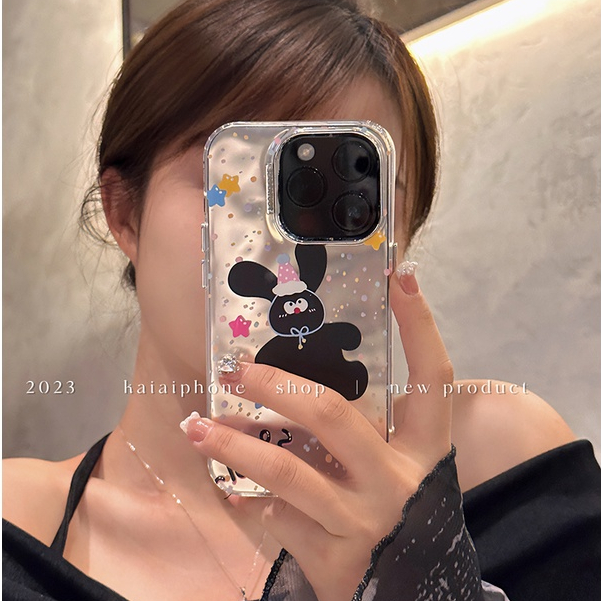 Huiwanju เคสป้องกันโทรศัพท์มือถือ ลายกระต่ายดํา สองชั้น สําหรับ Apple iPhone 14 Pro 15 Promax 13 12 13 Pro 11 12