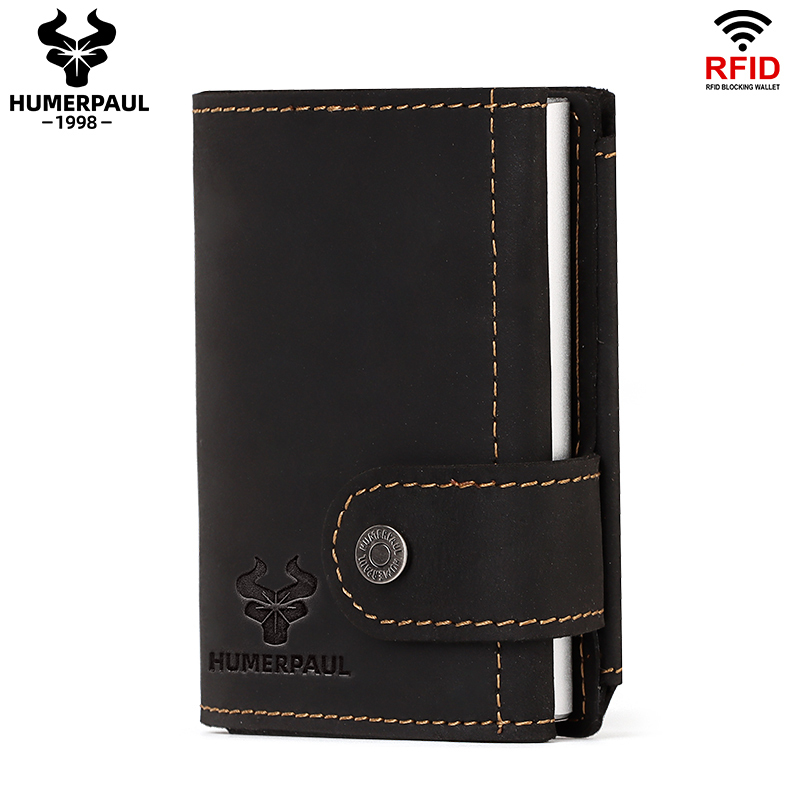 Humerpaul RFID Blocking Card Holder กระเป๋าสตางค์ผู้ชายอัตโนมัติ Pop Up Case Crazy Horse หนังกระเป๋าใส่เหรียญกล่องอลูมิเนียม