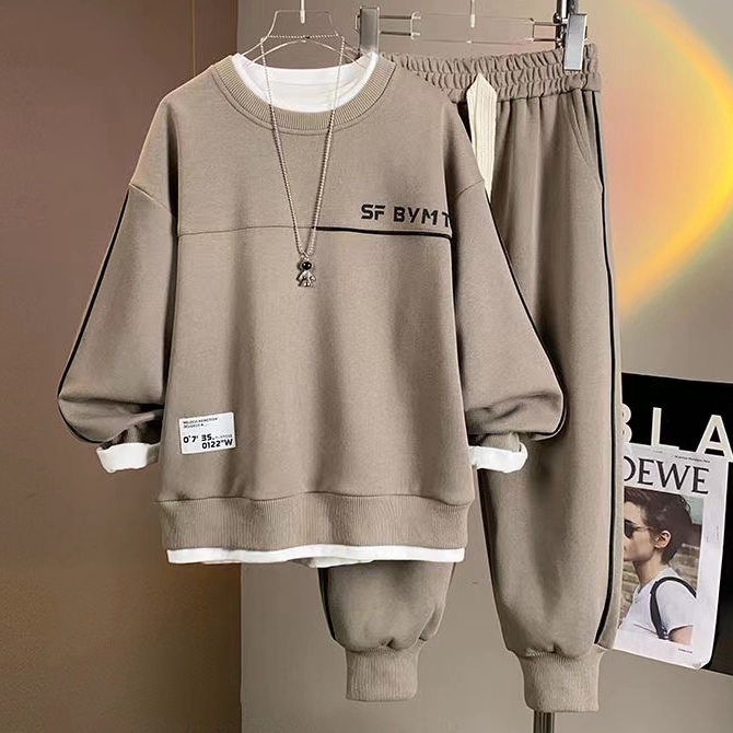 【พร้อมส่ง】เสื้อกันหนาวแขนยาว คอกลม พิมพ์ลาย และกางเกงขายาว เอวสูง สองชิ้น สําหรับเด็กผู้ชาย อายุ 3-12 ปี