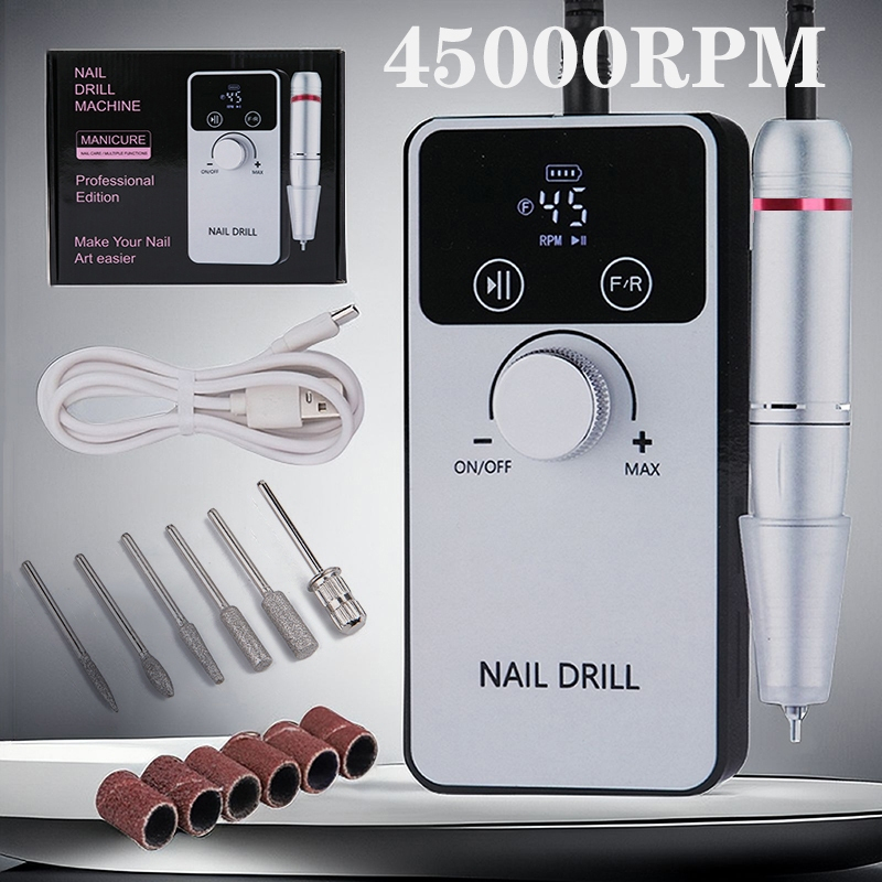 ใหม่ 45000RPM เครื่องเจาะเล็บไฟฟ้ามืออาชีพชาร์จเล็บแฟ้มเล็บอุปกรณ์เสริมเจลเล็บ Sander