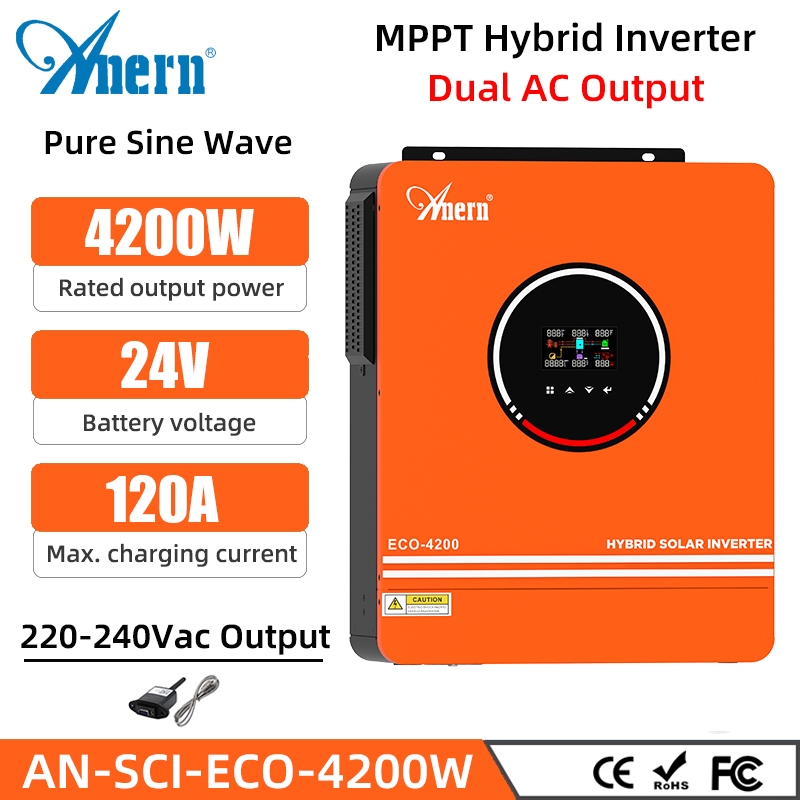 Anern 4.2KW Hybrid Inverter 24V Pure Sine Wave อินเวอร์เตอร์นอกตาราง 230Vac Solar Inverter ในตัว 120A Solar Charge Controller 500VDC Max. อินพุต PV