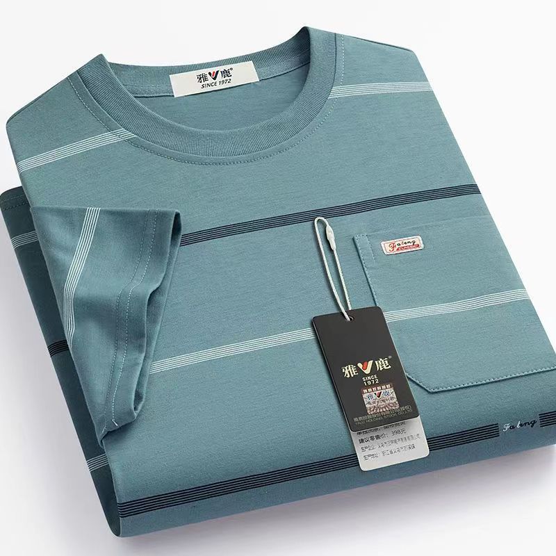 เสื้อยืดคอกลม แขนสั้น ลายทาง มีกระเป๋าเสื้อ สวมใส่สบาย แฟชั่นฤดูร้อน สไตล์เกาหลี สําหรับผู้ชาย 2024