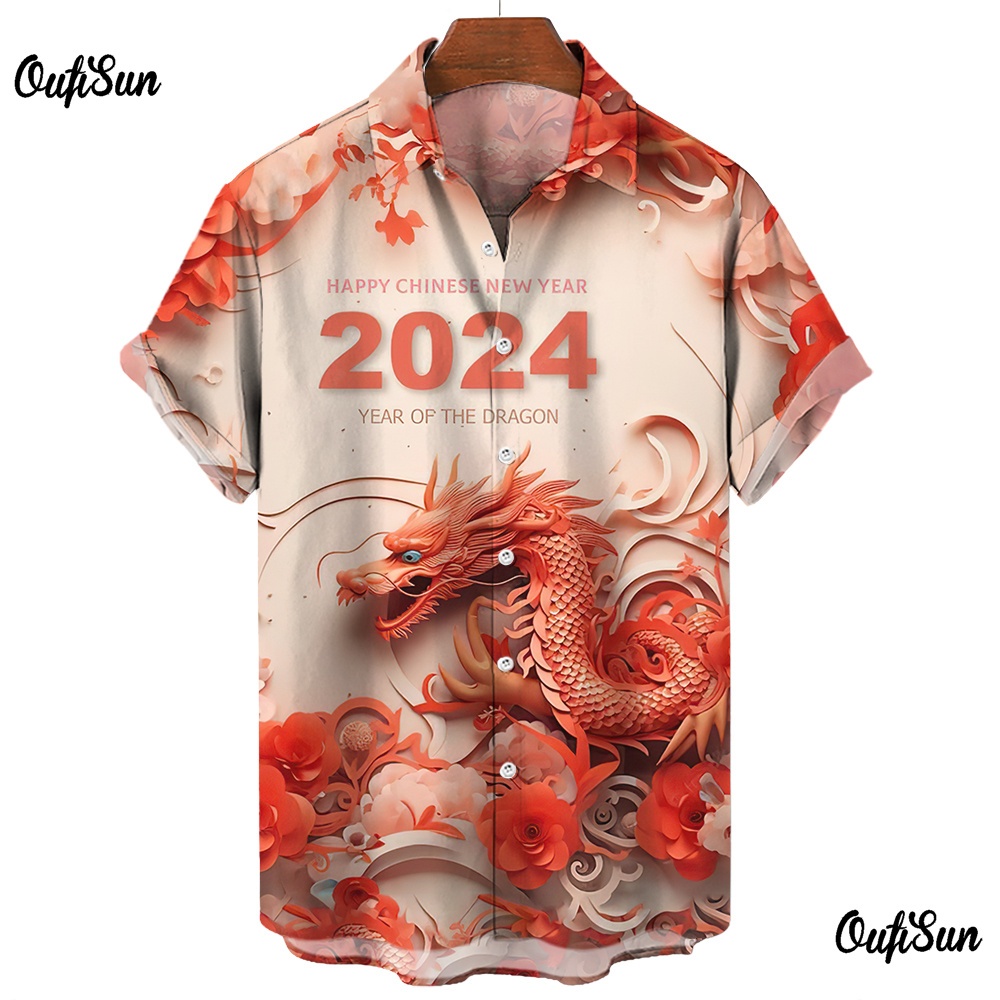 เสื้อเชิ้ตแขนสั้น พิมพ์ลายมังกร ทรงหลวม โอเวอร์ไซซ์ สําหรับผู้ชาย ปีใหม่ 2024