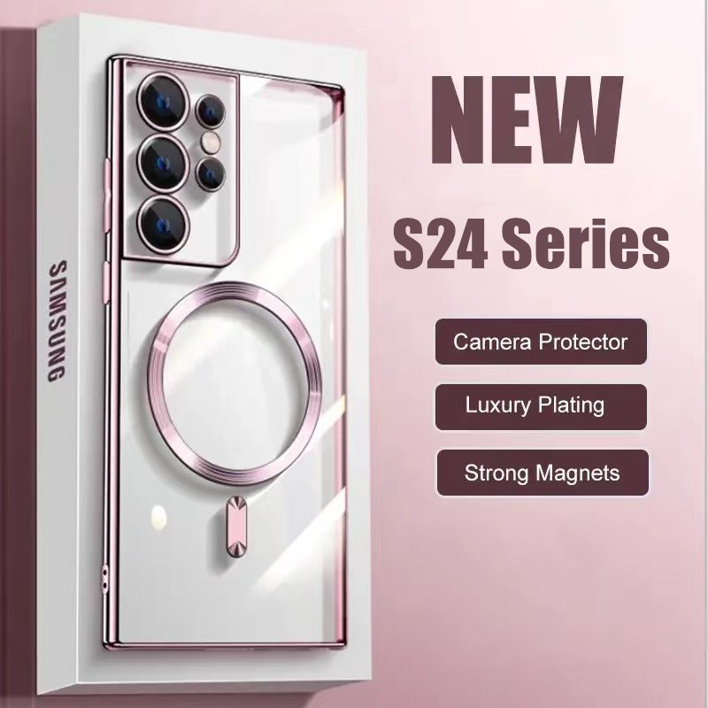 Magnetic Wireless Charge Clear Case สําหรับ Samsung Galaxy S25 Ultra S24 Ultra S23 S22 Plus Ultra S21 S23 FE กันกระแทกชุบปลอกอ่อน