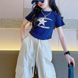 honeywears⚡️พร้อมส่ง⚡️ชุดเซ็ทเท่ๆเด็กผู้หญิง สไตล์ใหม่ เสื้อแขนสั้นพร้อมกางเกงขายาว เต้นรํา แฟชั่น 2ชิ้น
