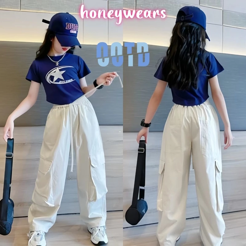 honeywears⚡️พร้อมส่ง⚡️ชุดเซ็ทเท่ๆเด็กผู้หญิง สไตล์ใหม่ เสื้อแขนสั้นพร้อมกางเกงขายาว เต้นรํา แฟชั่น 2ชิ้น