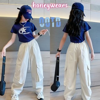 honeywears⚡️พร้อมส่ง⚡️ชุดเซ็ทเท่ๆเด็กผู้หญิง สไตล์ใหม่ เสื้อแขนสั้นพร้อมกางเกงขายาว เต้นรํา แฟชั่น 2ชิ้น