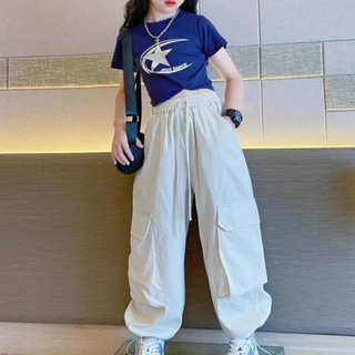honeywears⚡️พร้อมส่ง⚡️ชุดเซ็ทเท่ๆเด็กผู้หญิง สไตล์ใหม่ เสื้อแขนสั้นพร้อมกางเกงขายาว เต้นรํา แฟชั่น 2ชิ้น