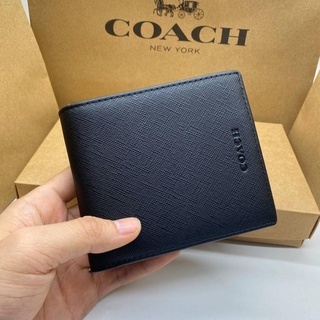 แท้💯% COACH F74771🔥【จัดส่งฟรี】กระเป๋าสตางค์ หนังแท้ ใบสั้น แบบพับได้ ใส่เหรียญ บัตรได้ สําหรับผู้ชาย
