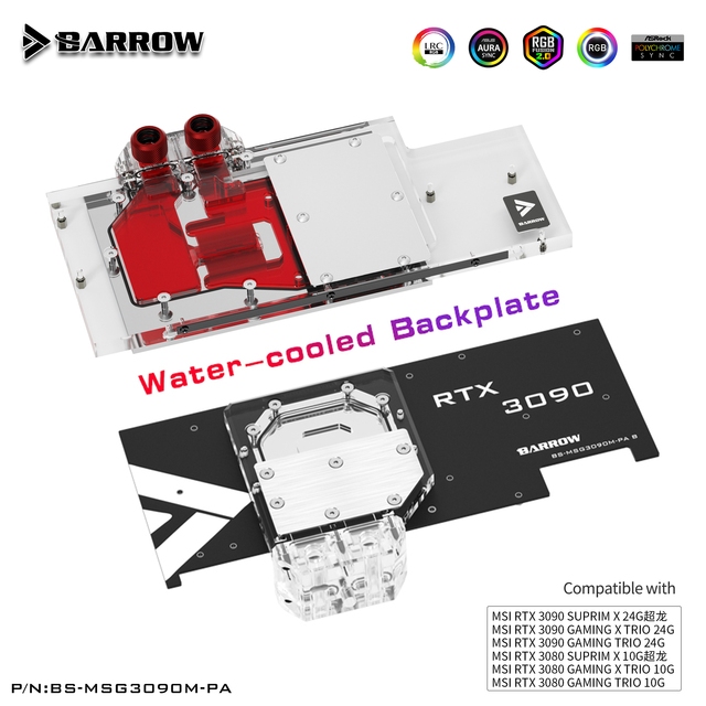 Barrow Active Cooling Water Block ใช ้ สําหรับ MSI 3090 3080 TI RTX GAMING X,TRIO 10G 24G GPU การ ์ ด Backplate 5V BS-MSG3090M-PA B