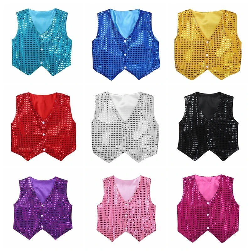 เสื้อกั๊กสูท ประดับเลื่อมแวววาว สีทอง สําหรับเด็กผู้ชาย และเด็กผู้หญิง เหมาะกับงานปาร์ตี้เต้นรํา
